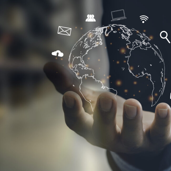 Man hand virtual world icon. Communication and use of modern Internet technology , Social Networking, online marketing, digital online. Concept technology.